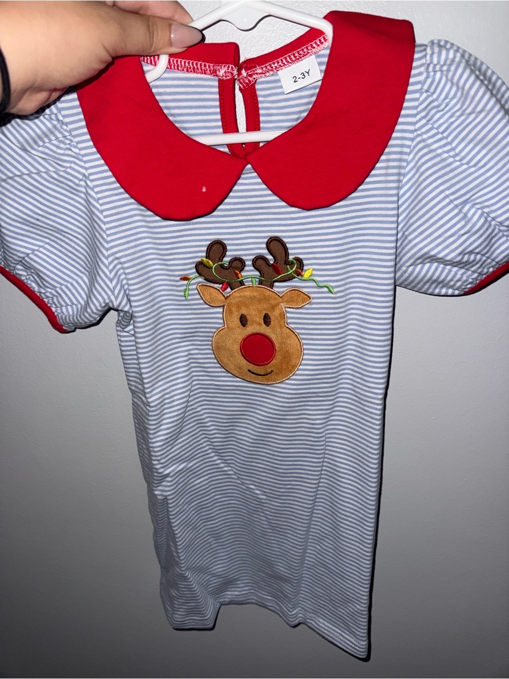 Striped Baby Dress with Red Peter Pan Collar & Reindeer Applique